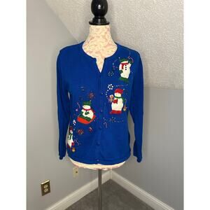 EUC Christmas Winter Snowman Cardigan Dressbarn Blue Sz Medium Embellished